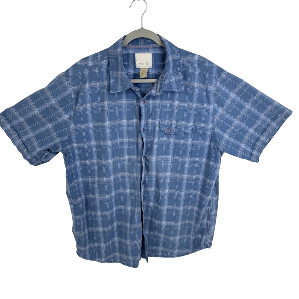 Horny Toad Button Down Shirt Men XL Blue Plaid Short Sleeve Organic Cotton Blend